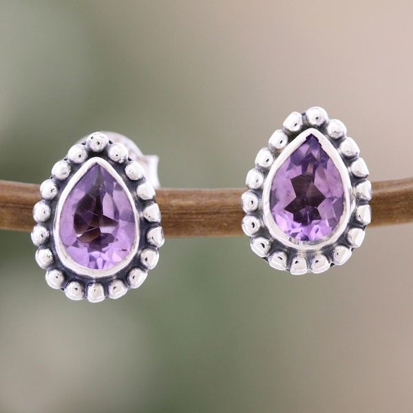 Alternate image for Sterling Silver Stud Earrings with Pear-Shaped Amethyst Gems Dazzling Trust