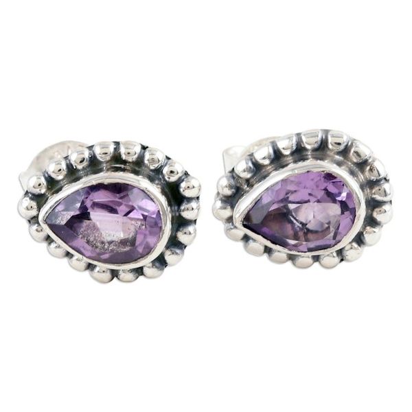 Alternate image for Sterling Silver Stud Earrings with Pear-Shaped Amethyst Gems Dazzling Trust