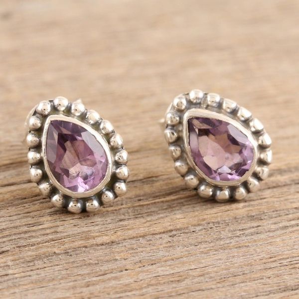 Alternate image for Sterling Silver Stud Earrings with Pear-Shaped Amethyst Gems Dazzling Trust