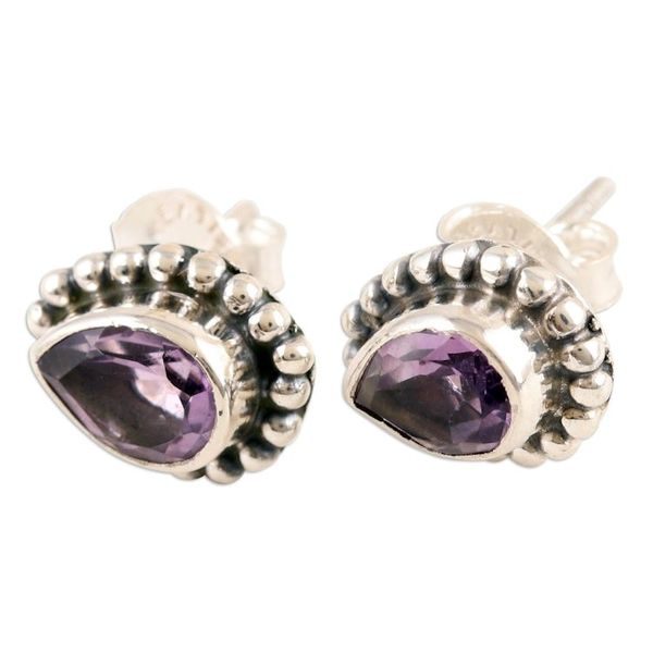 Alternate image for Sterling Silver Stud Earrings with Pear-Shaped Amethyst Gems Dazzling Trust