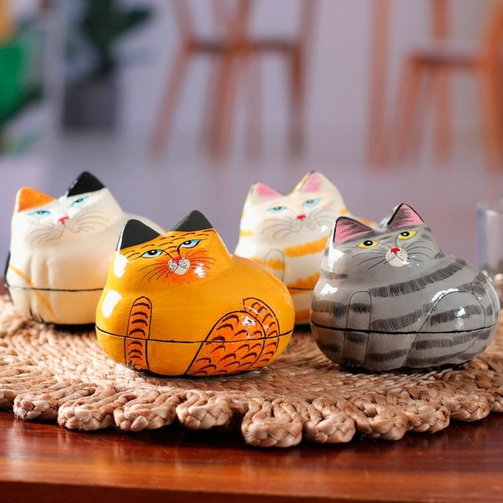4 Lacquered Hand-Painted Papier Mache Cat Decorative Boxes 'Cozy Cats'