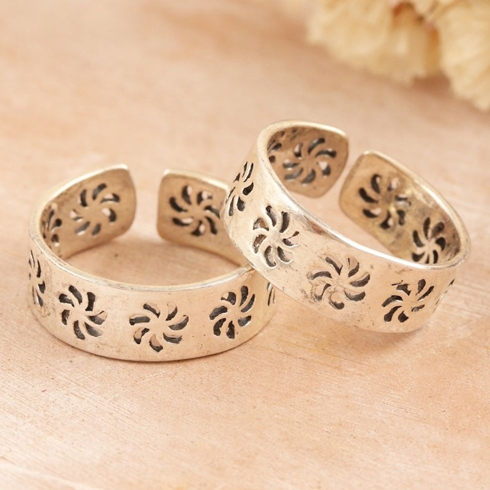 Sterling Silver Toe Rings with Floral Pattern Pair 'Dancing Flowers'
