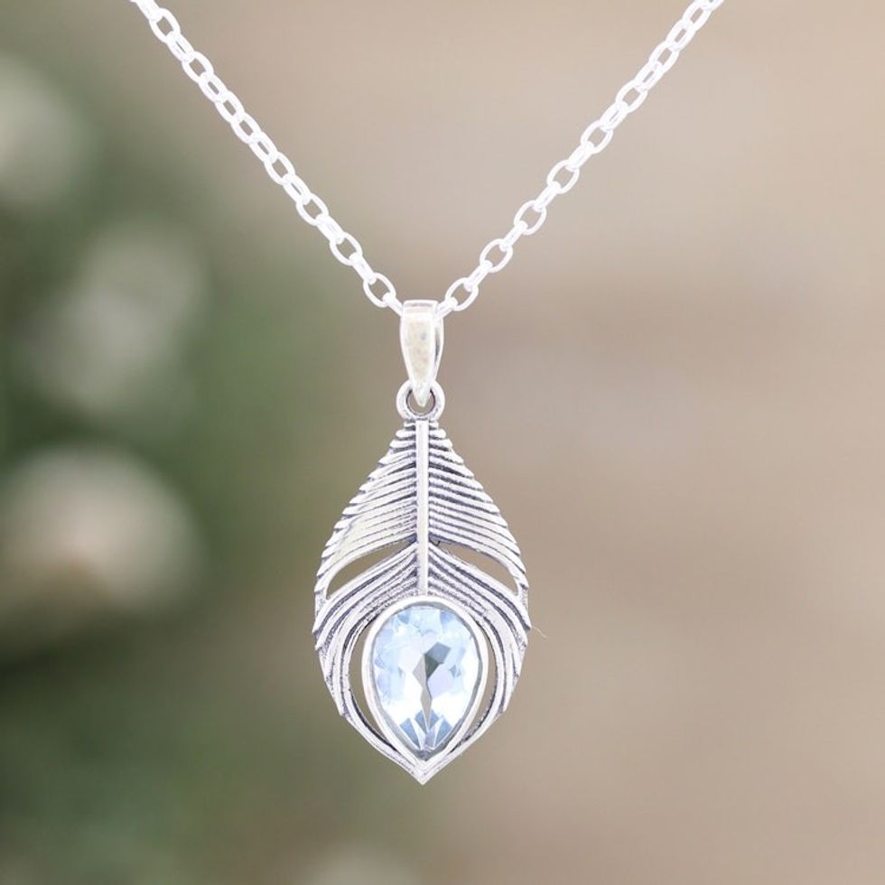 Three-Carat Blue Topaz Feather Pendant Necklace from India 'Radiant Freedom'