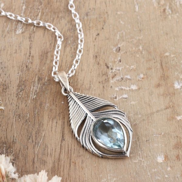 Alternate image for Three-Carat Blue Topaz Feather Pendant Necklace from India Radiant Freedom