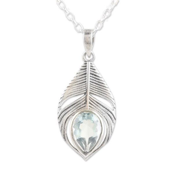 Alternate image for Three-Carat Blue Topaz Feather Pendant Necklace from India Radiant Freedom