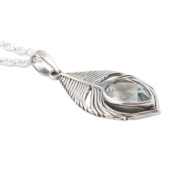 Alternate image for Three-Carat Blue Topaz Feather Pendant Necklace from India Radiant Freedom