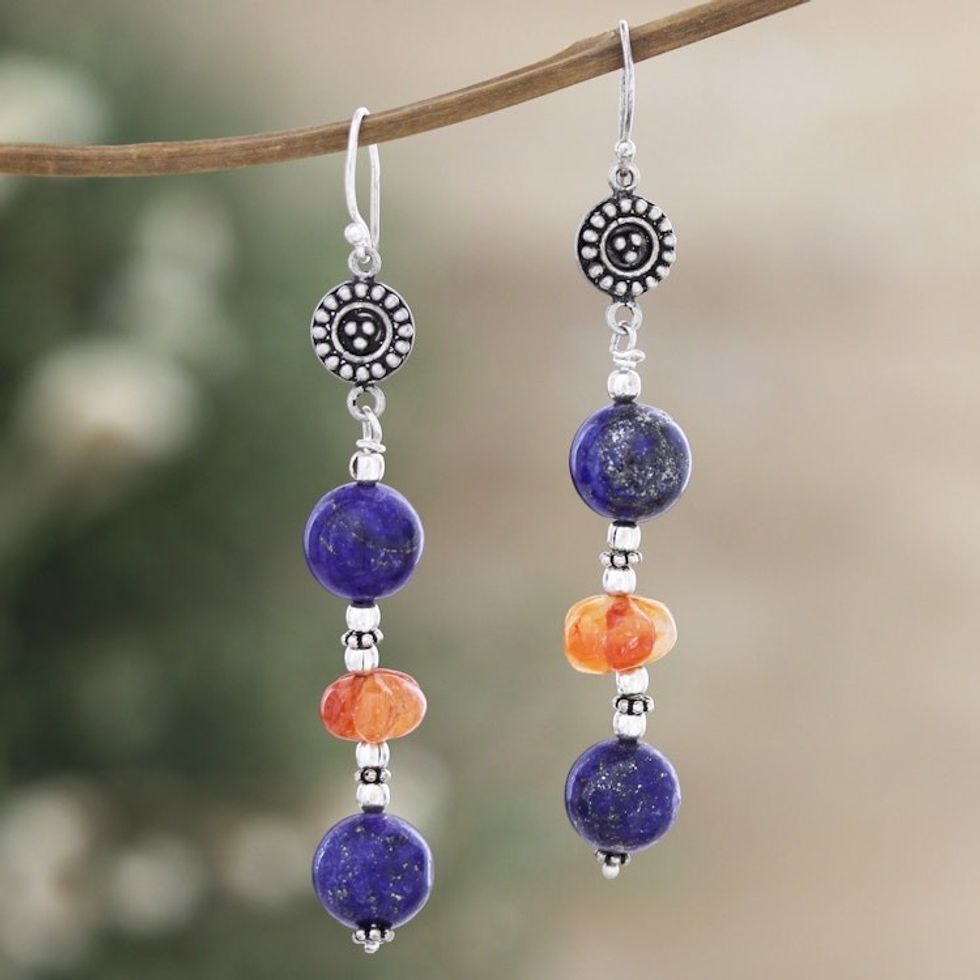 Lapis Lazuli and Carnelian Sterling Silver Dangle Earrings 'Regal Glam'