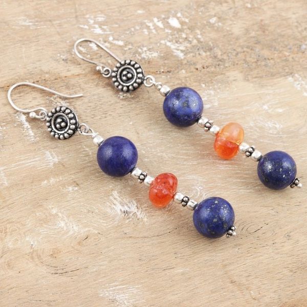 Alternate image for Lapis Lazuli and Carnelian Sterling Silver Dangle Earrings Regal Glam