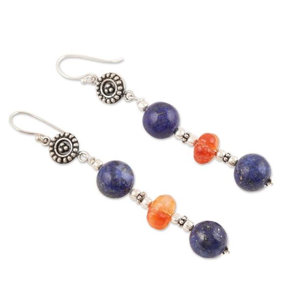 Alternate image for Lapis Lazuli and Carnelian Sterling Silver Dangle Earrings Regal Glam
