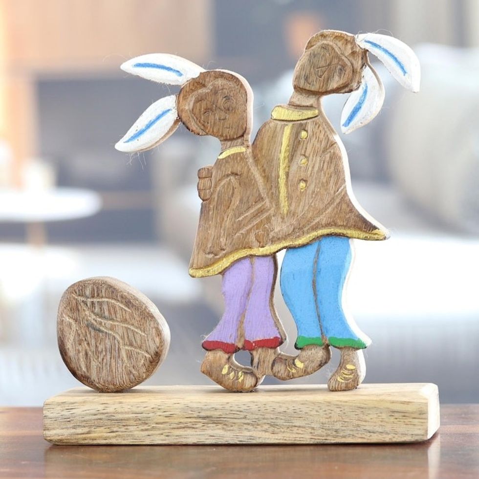 Hand-Painted Mango Wood Easter Sculpture from India 'Romantic Bunnies'