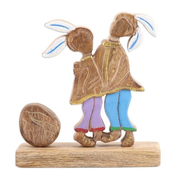 Alternate image for Hand-Painted Mango Wood Easter Sculpture from India Romantic Bunnies