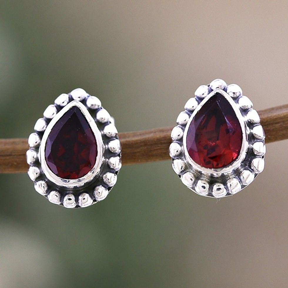 Sterling Silver Stud Earrings with Pear-Shaped Garnet Gems 'Dazzling Passion'