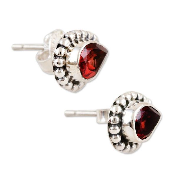 Alternate image for Sterling Silver Stud Earrings with Pear-Shaped Garnet Gems Dazzling Passion