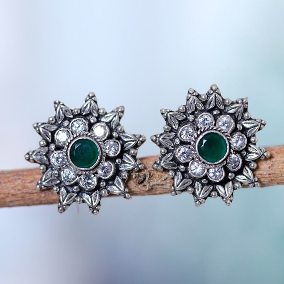Green Onyx Cubic Zirconia and Silver Floral Drop Earrings 'Shimmering Blossom'