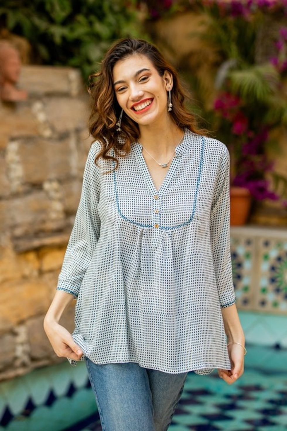 Block-Printed Pincheck Black and White Cotton Tunic 'Pincheck Spring'