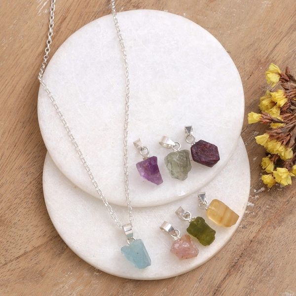 Alternate image for Set of 7 Gemstone Necklace Pendants with Chain Seven Auras