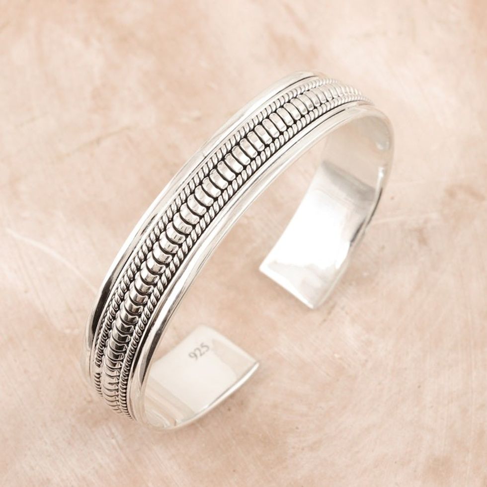 Traditional Sterling Silver Cuff Bracelet Crafted in India 'Glorious Beauty'