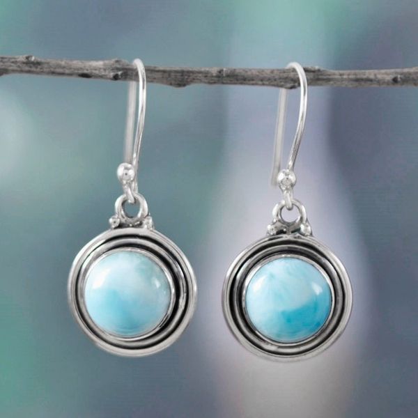 Alternate image for Polished Natural Round Larimar Dangle Earrings from India Regal Enchantment