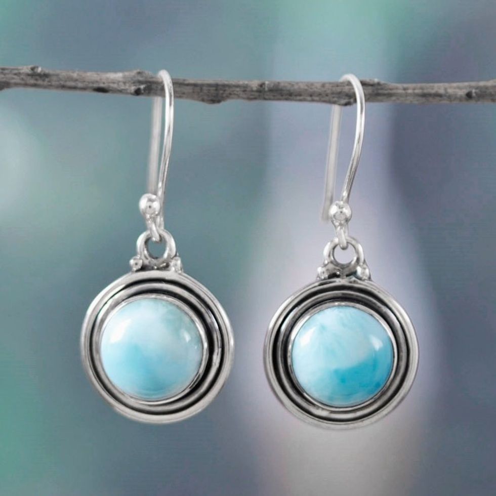 Polished Natural Round Larimar Dangle Earrings from India 'Regal Enchantment'