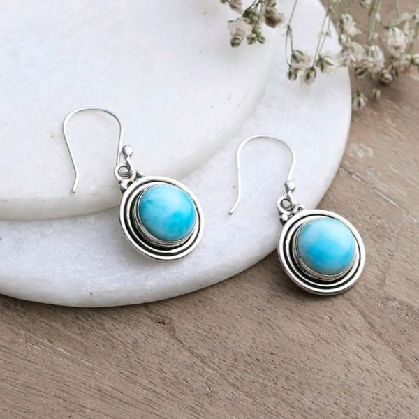 Alternate image for Polished Natural Round Larimar Dangle Earrings from India Regal Enchantment