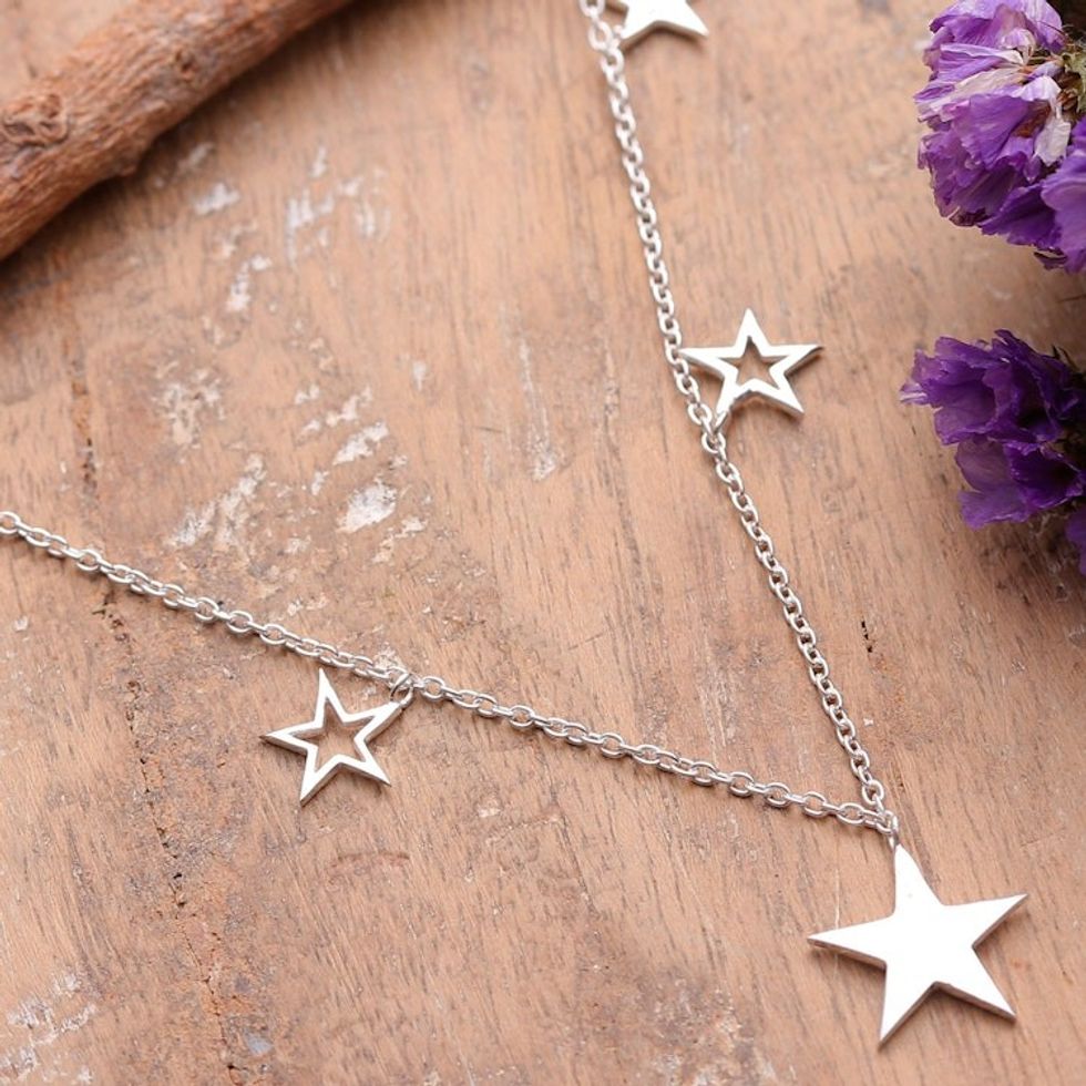 Heart, Star and Hamsa-Themed Sterling Silver Charm Necklace 'Magic Desires'