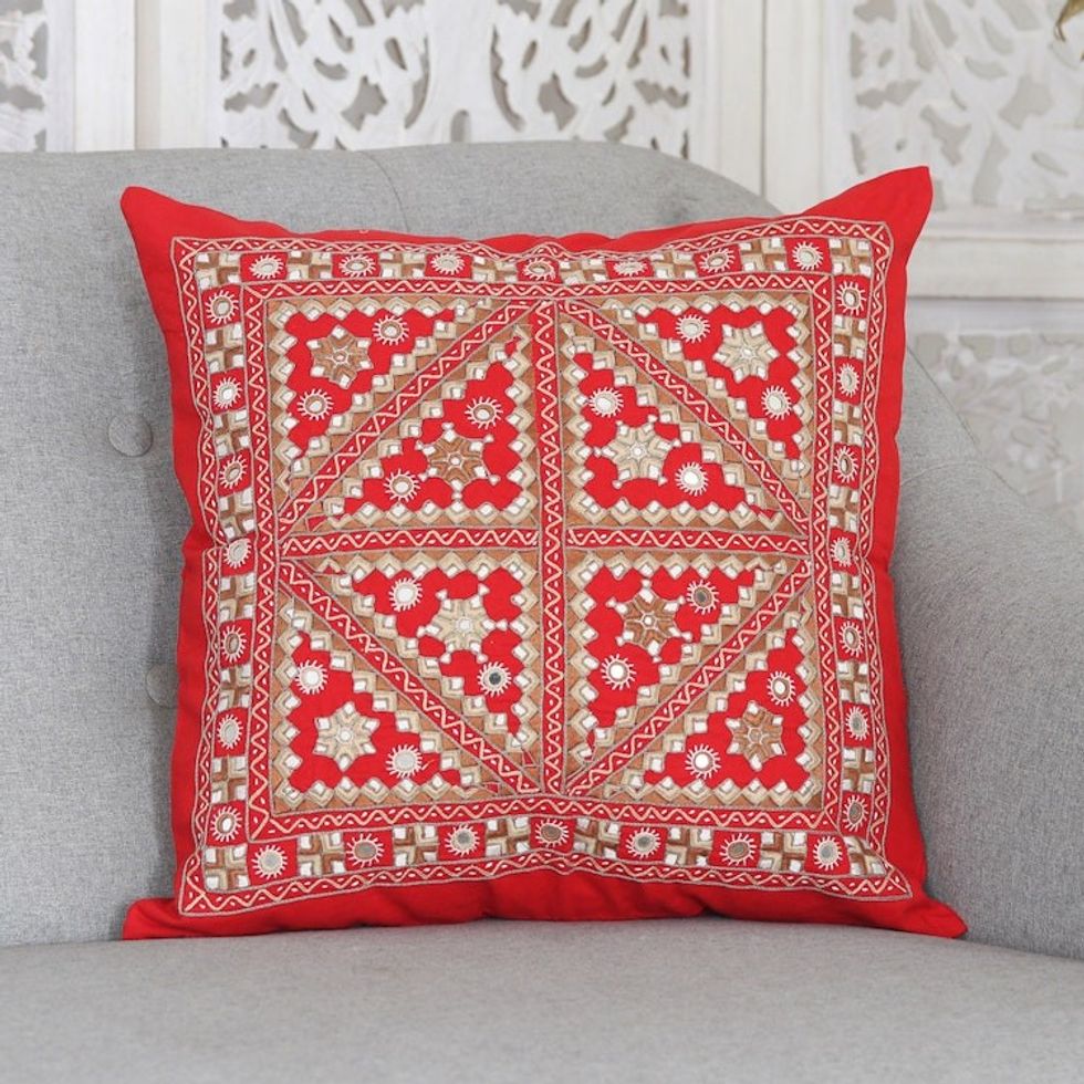 Embroidered Geometric Red Cotton Cushion Cover from India 'Cardinal Constellation'