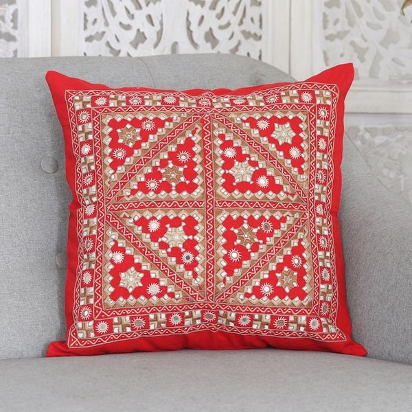 Alternate image for Embroidered Geometric Red Cotton Cushion Cover from India Cardinal Constellation
