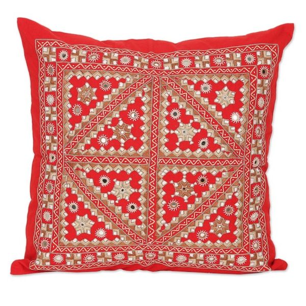 Alternate image for Embroidered Geometric Red Cotton Cushion Cover from India Cardinal Constellation