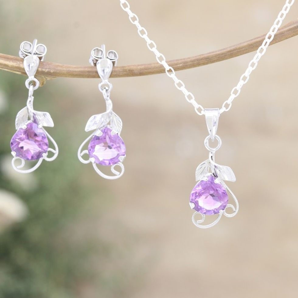 18-Carat Rhodium-Plated Jewelry Set with Amethyst Gems 'Purple Divinity'