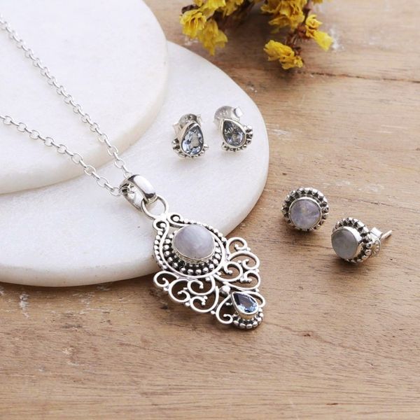 Alternate image for Silver Rainbow Moonstone Blue Topaz Necklace Earrings Set Iridescent Blend