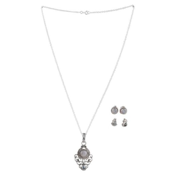 Alternate image for Silver Rainbow Moonstone Blue Topaz Necklace Earrings Set Iridescent Blend
