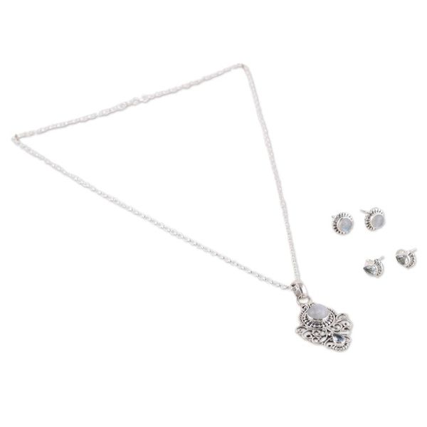 Alternate image for Silver Rainbow Moonstone Blue Topaz Necklace Earrings Set Iridescent Blend