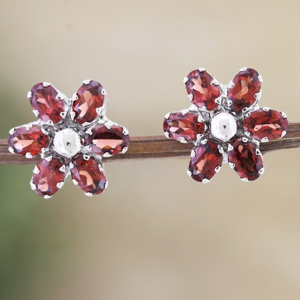 Floral Rhodium-Plated Button Earrings with Garnet Stones 'Perseverance Petals'