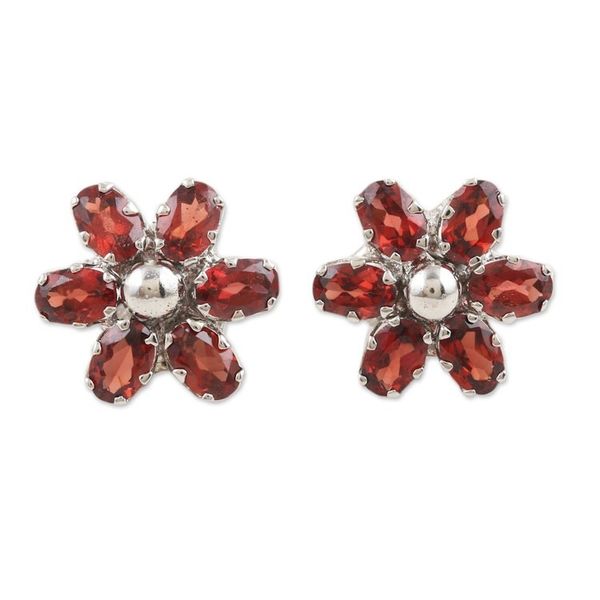 Alternate image for Floral Rhodium-Plated Button Earrings with Garnet Stones Perseverance Petals