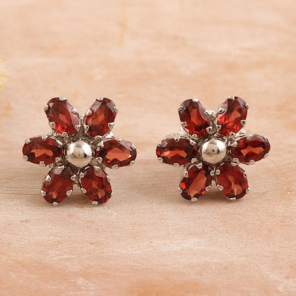Alternate image for Floral Rhodium-Plated Button Earrings with Garnet Stones Perseverance Petals