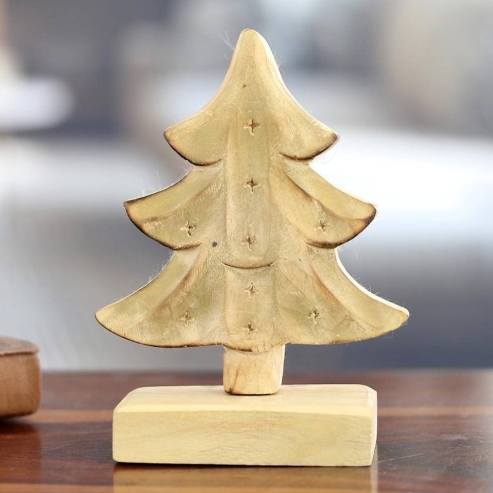 Mango Wood Christmas Tree Sculpture with Gold Tone 'Christmas Warmth'