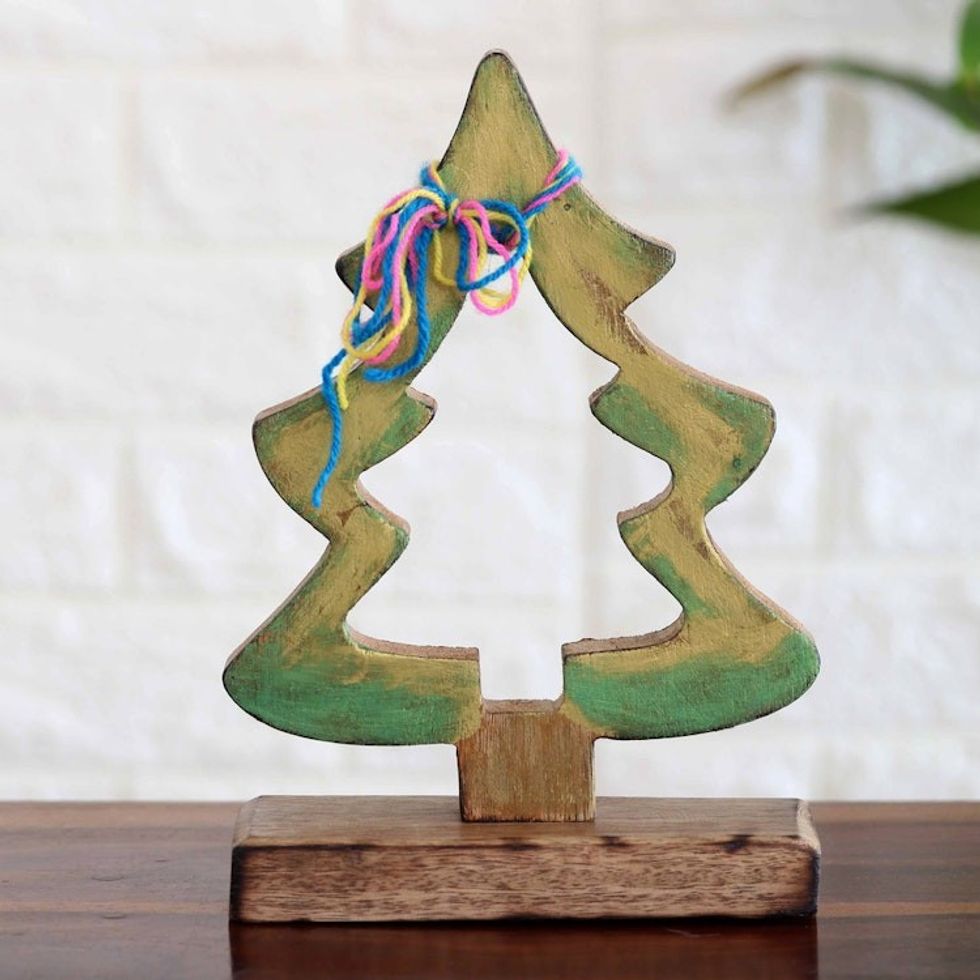 Handcrafted Mango Wood Christmas Tree Sculpture from India 'Joyful Present'