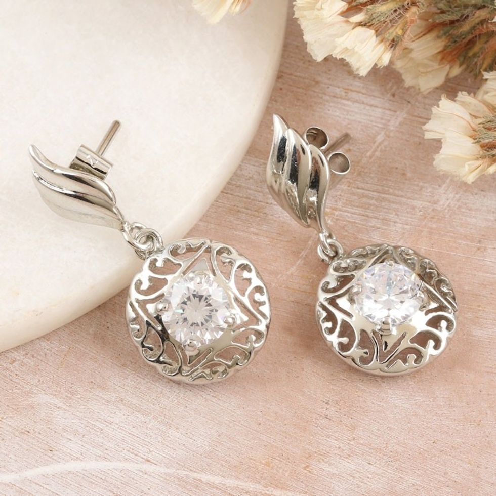 Rhodium-Plated Dangle Earrings with Cubic Zirconia Stones 'Hanging Swirl'