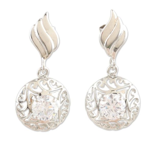 Alternate image for Rhodium-Plated Dangle Earrings with Cubic Zirconia Stones Hanging Swirl