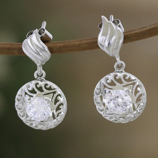 Alternate image for Rhodium-Plated Dangle Earrings with Cubic Zirconia Stones Hanging Swirl