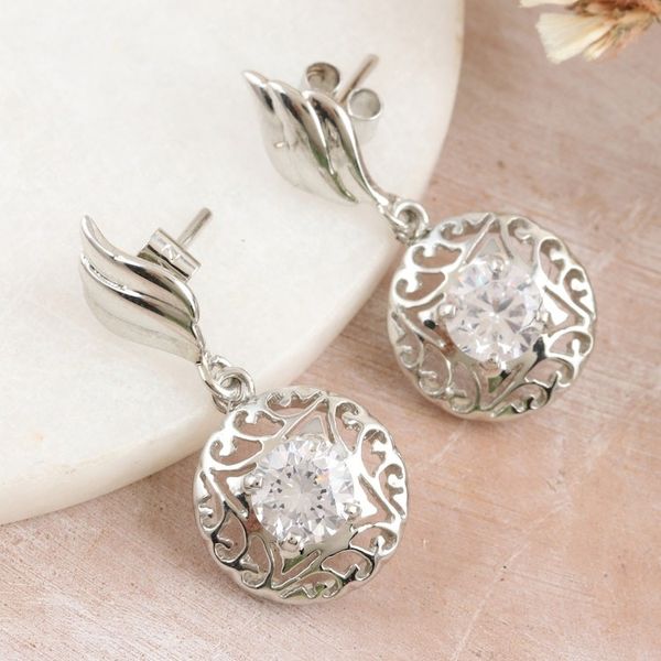 Alternate image for Rhodium-Plated Dangle Earrings with Cubic Zirconia Stones Hanging Swirl