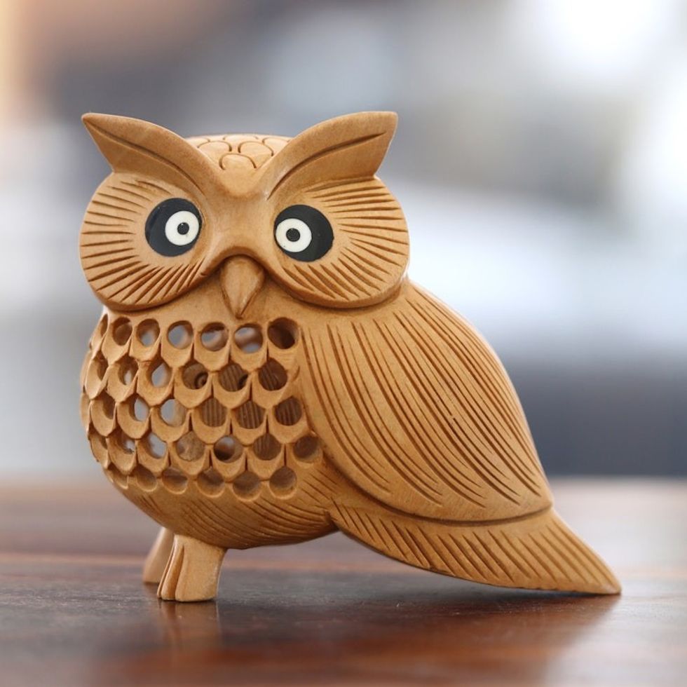 Brown Kadam Wood Owl Sculpture Hand-Carved in India 'Wise Soul'