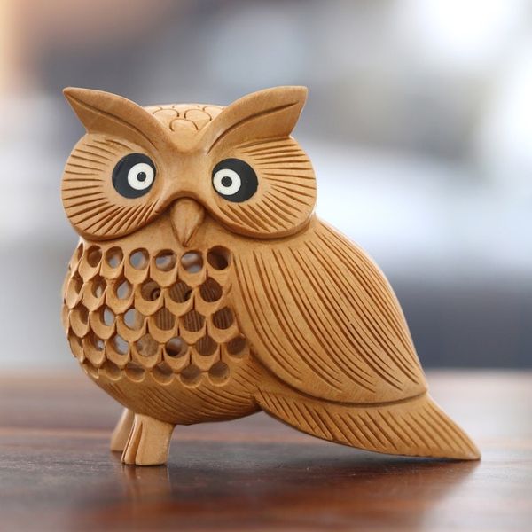 Alternate image for Brown Kadam Wood Owl Sculpture Hand-Carved in India Wise Soul