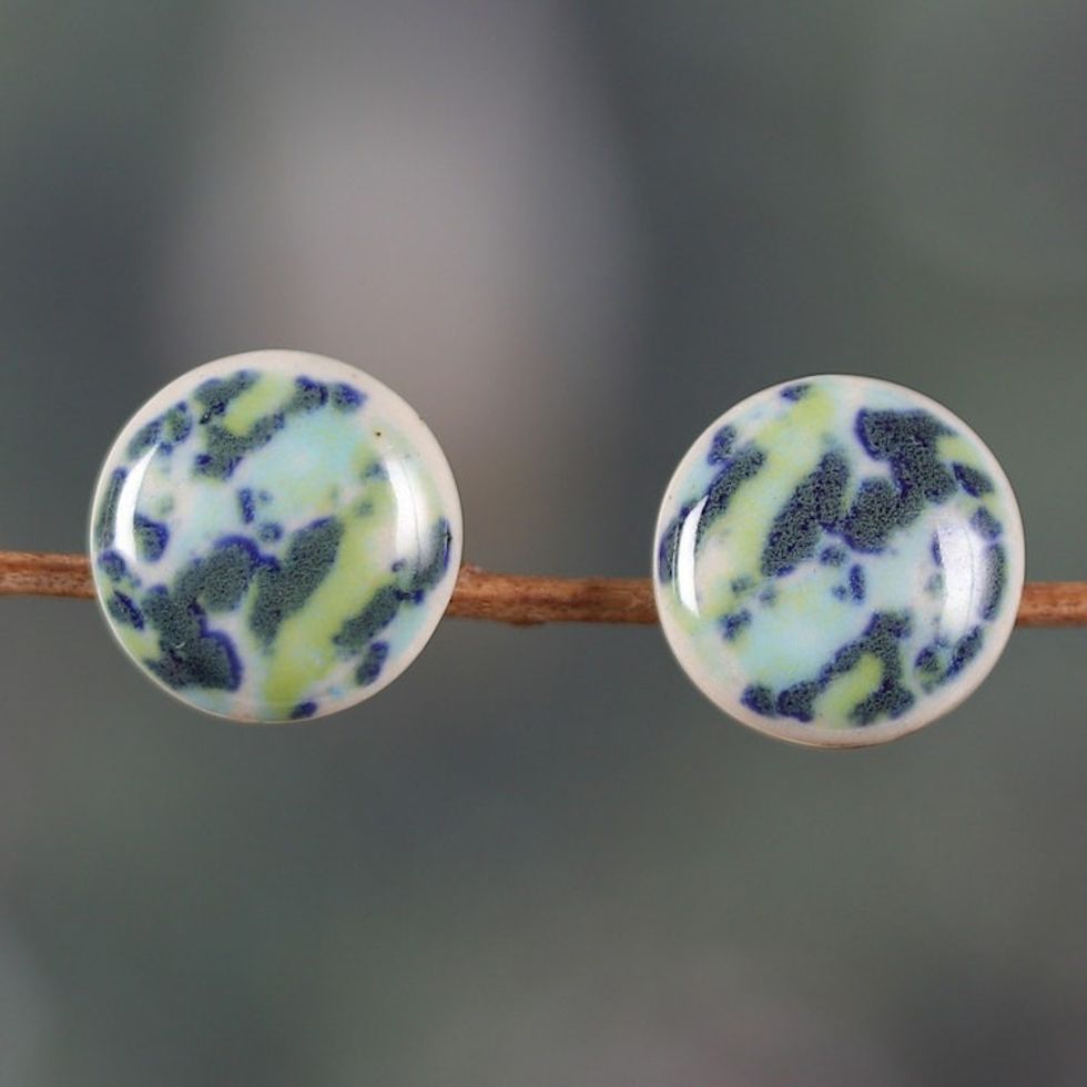 Hand-Painted Colorful Ceramic Button Earrings from India 'Sea Beauty'