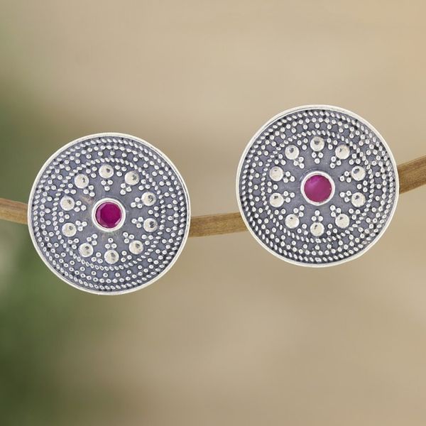 Alternate image for Round Sterling Silver Button Earrings with Cubic Zirconia Fuchsia Mirage