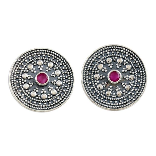 Alternate image for Round Sterling Silver Button Earrings with Cubic Zirconia Fuchsia Mirage