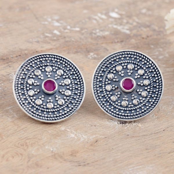 Alternate image for Round Sterling Silver Button Earrings with Cubic Zirconia Fuchsia Mirage