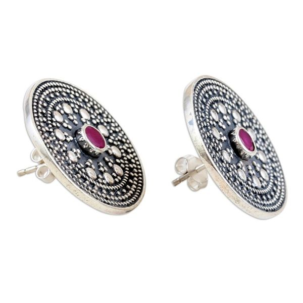 Alternate image for Round Sterling Silver Button Earrings with Cubic Zirconia Fuchsia Mirage