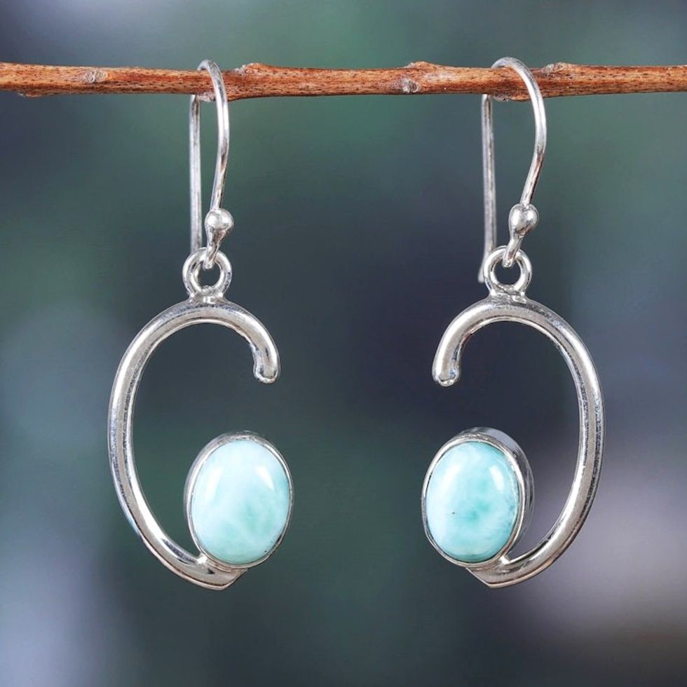 Half-Moon Dangle Earrings with Natural Larimar Stones 'Healing Moons'