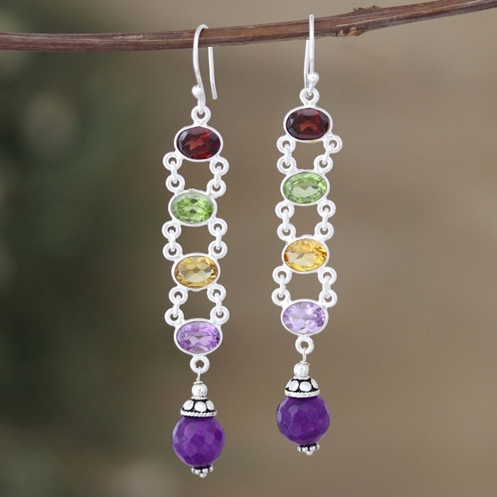 Polished Dangle Earrings with Faceted Gemstones from India 'Precious Fusions'